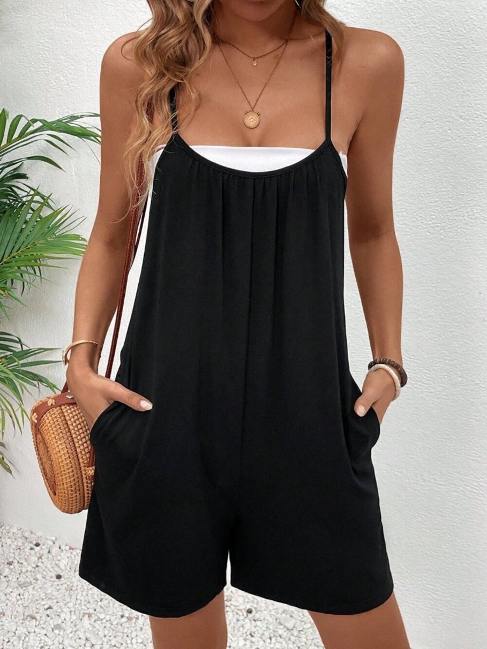 Black Casual Women's Spaghetti Strap Romper Short